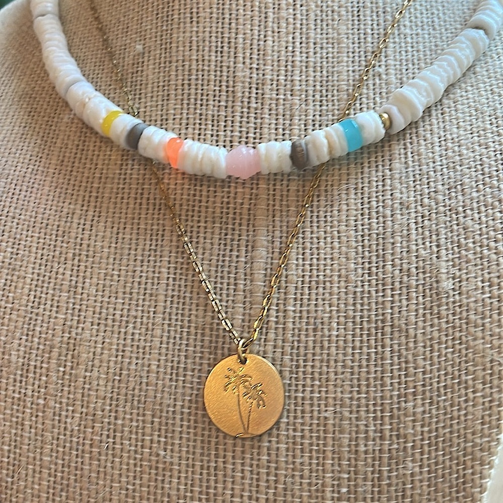 Madewell Palm Tree Beach Find Layered Necklace Set Coin Pendant Puka shell beads